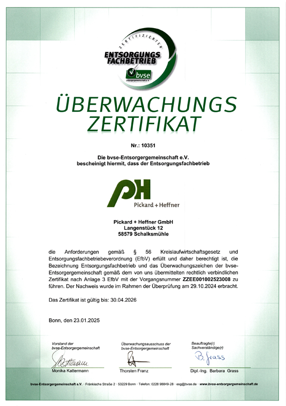 Pickard+Heffner Zertifikat - Entsorgungsfachbetrieb - ausgestellt durch bvse-Entsorgungsgemeinschaft e.V.