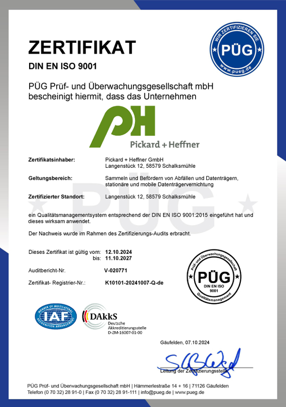 Pickard+Heffner Zertifikat - DIN EN ISO 9001 - Qualitätsmanagement